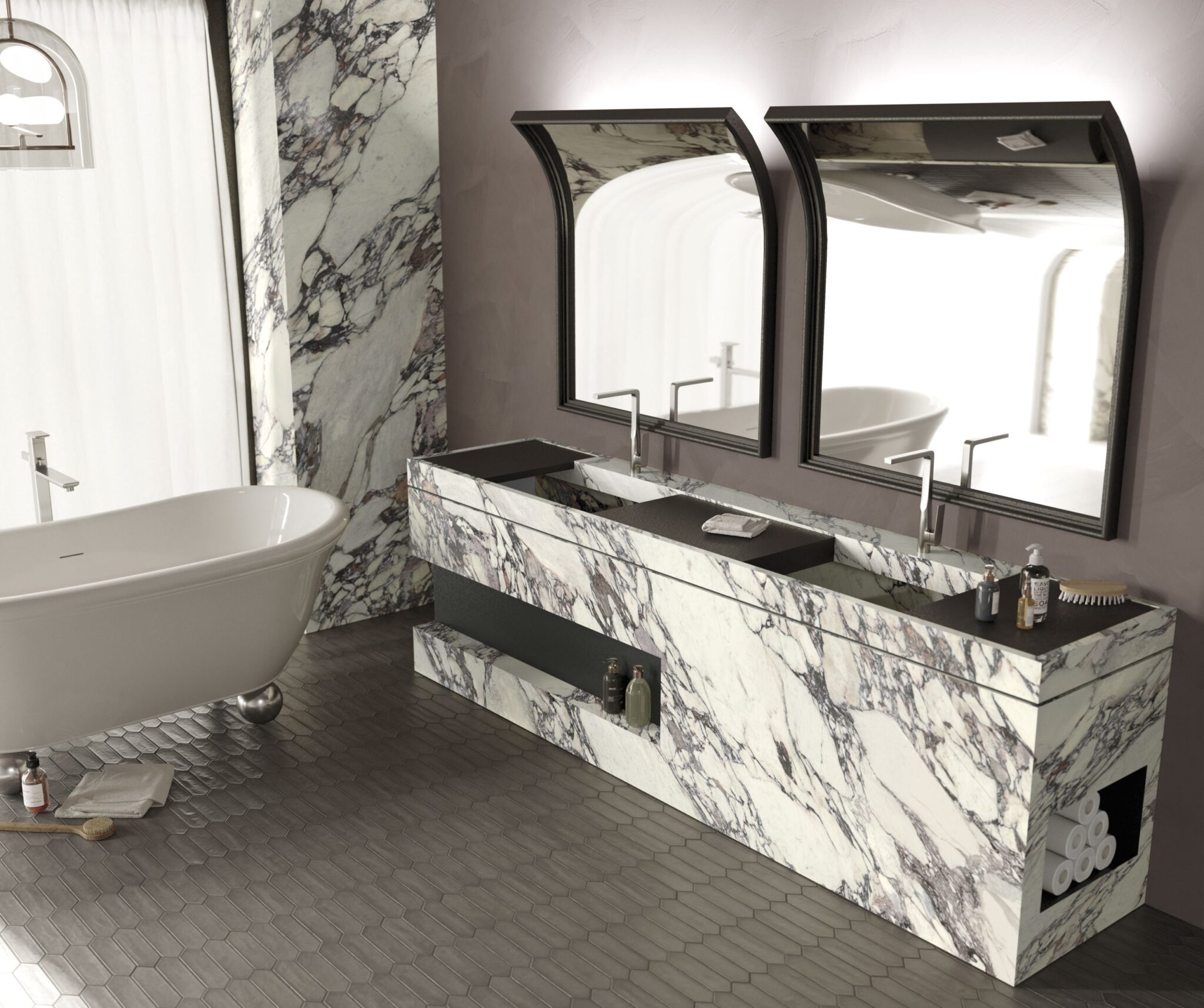 Realizacja łazienki ze spieku kwarcowego, wykonanej na wymiar - Franko Arabescato Viola