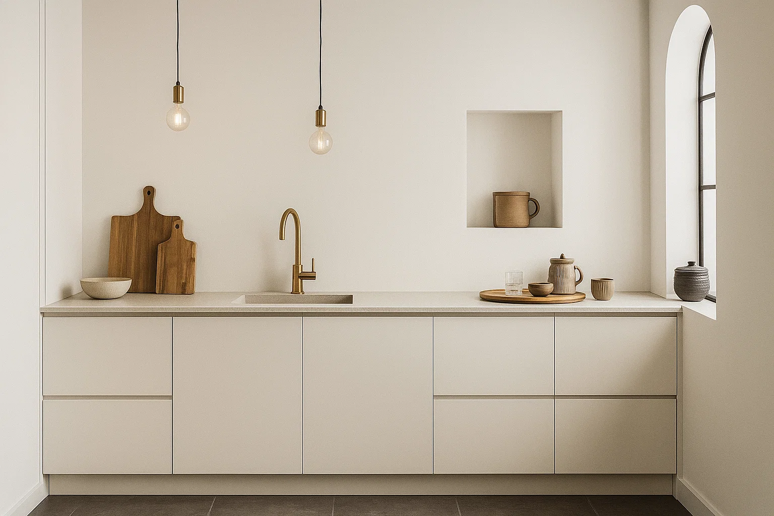 Blat kuchenny ze spieku kwarcowego Dekton Nebbia, wykonany na wymiar, kremowy – matowy