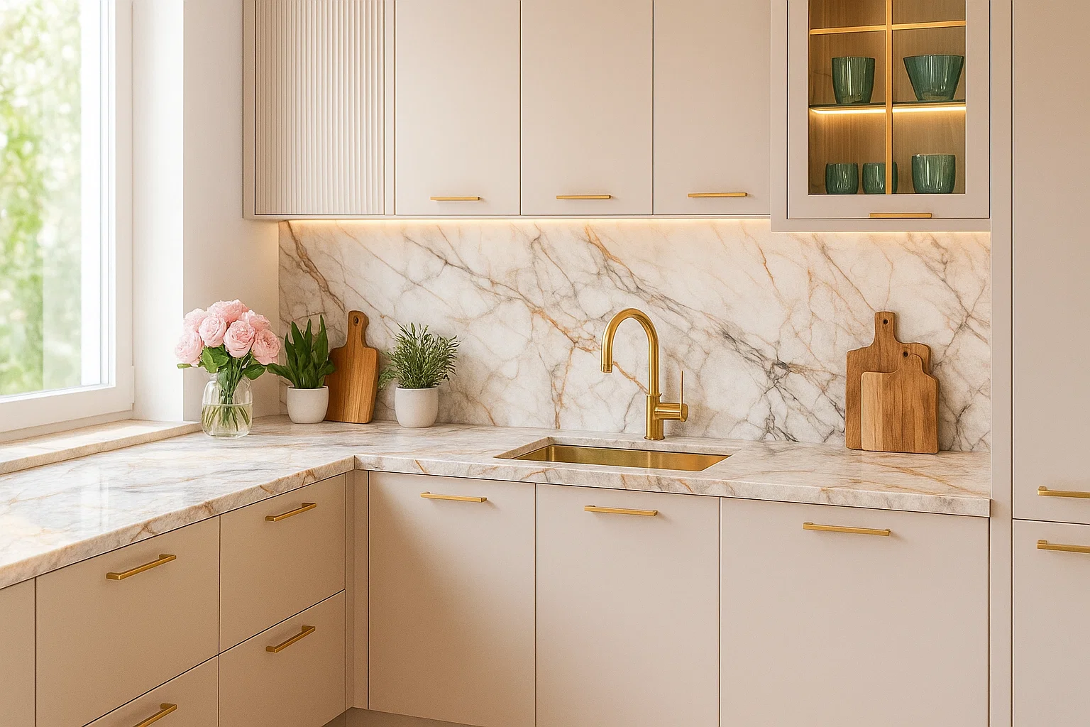 Blat kuchenny ze spieku kwarcowego Neolith Calacatta Luxe, wykonany na wymiar, biały – Ultrasoft