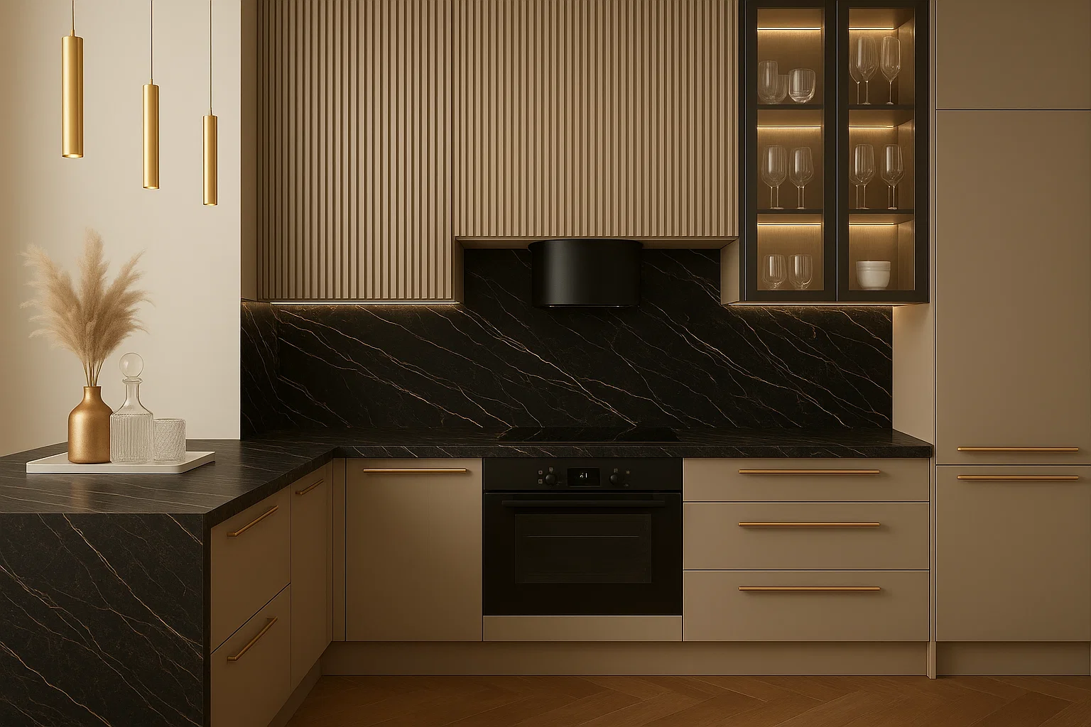Blat kuchenny ze spieku kwarcowego Florim Marble Laurent, wykonany na wymiar, czarny – polerowany