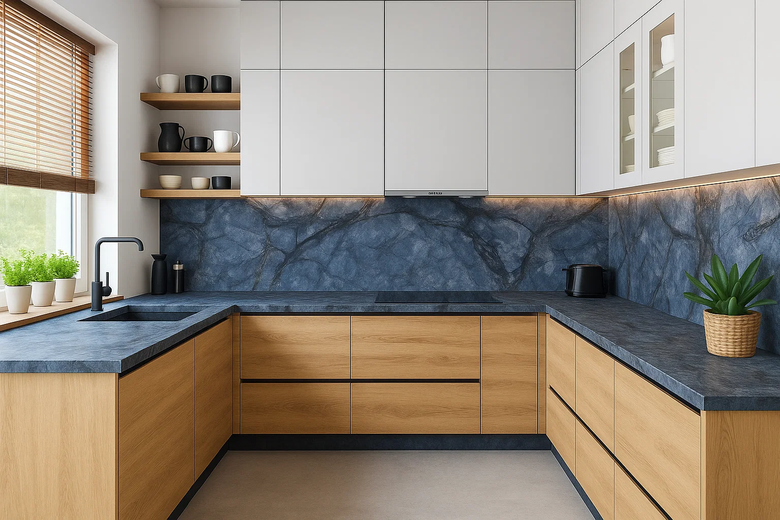 Blat kuchenny ze spieku kwarcowego Franko Blu Marino, wykonany na wymiar, niebieski – Soft touch