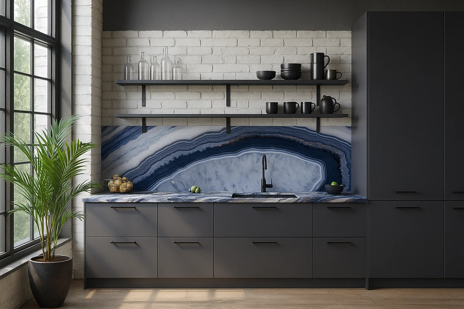 Blat kuchenny ze spieku kwarcowego Franko Blue Lagoon, wykonany na wymiar, niebieski – soft touch