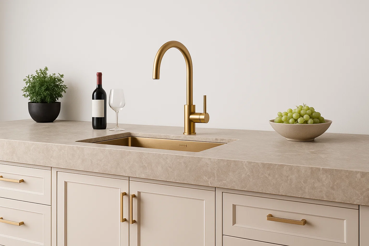 Blat kuchenny ze spieku kwarcowego Franko Limestone Taupe, kremowy – strukturalny