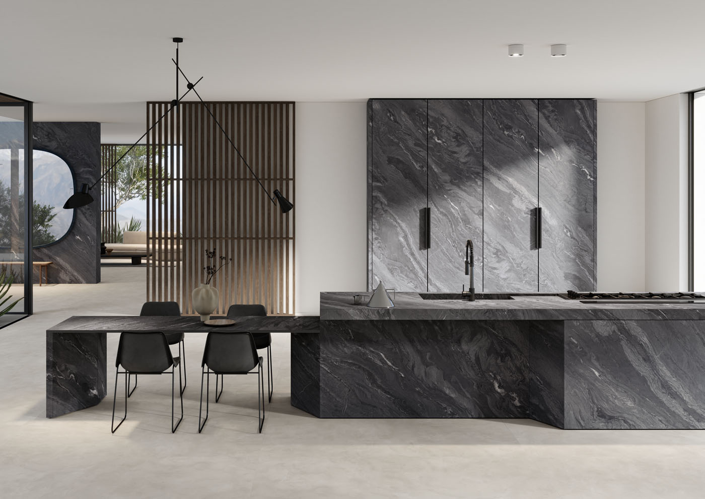 Spiek kwarcowy o wymiarach 330×184 cm, Franko Nero Tempest na blat i okładzinę