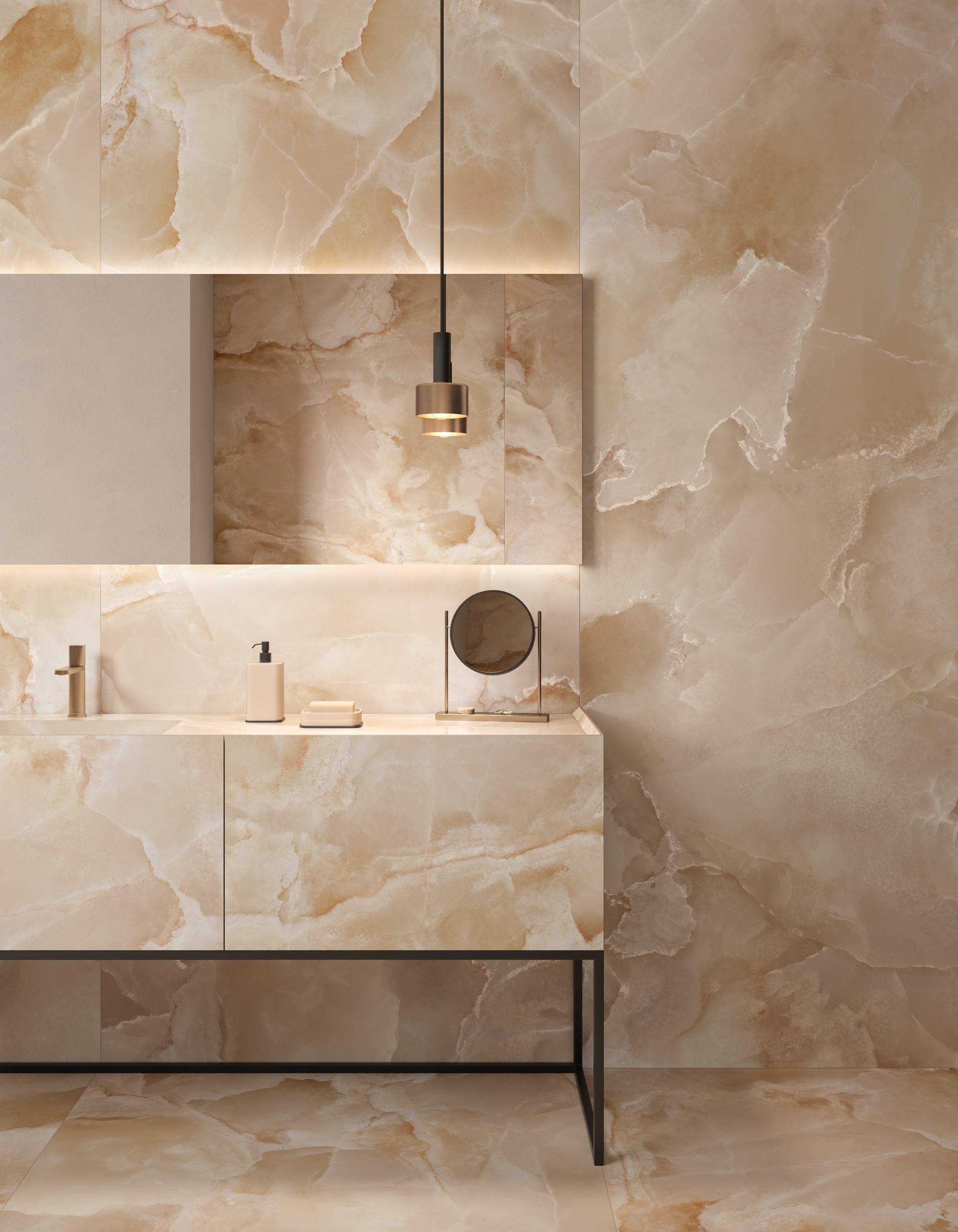 Fartuch kuchenny (Backsplash) ze spieku kwarcowego Mirage Onyce ON03 Champagne 120 x 278 cm, grubość 6 mm