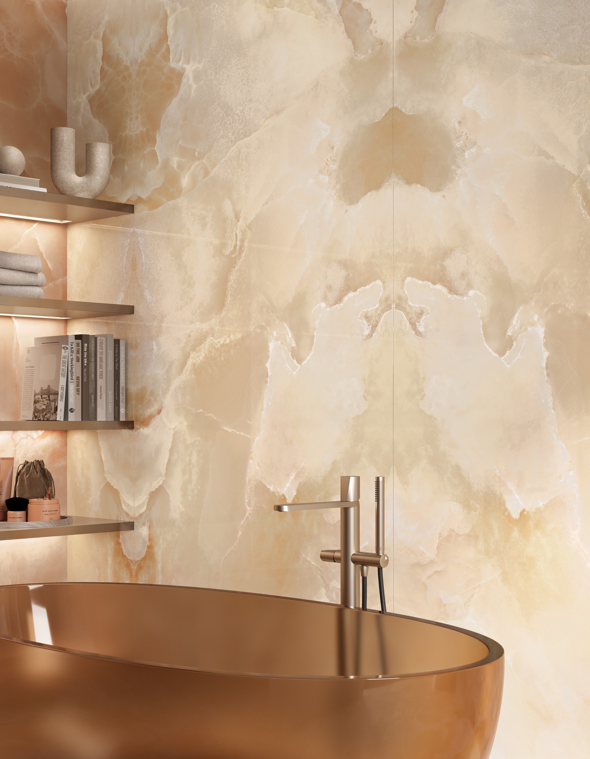 Fartuch kuchenny (Backsplash) ze spieku kwarcowego Mirage Onyce ON03 Champagne 120 x 278 cm, grubość 6 mm