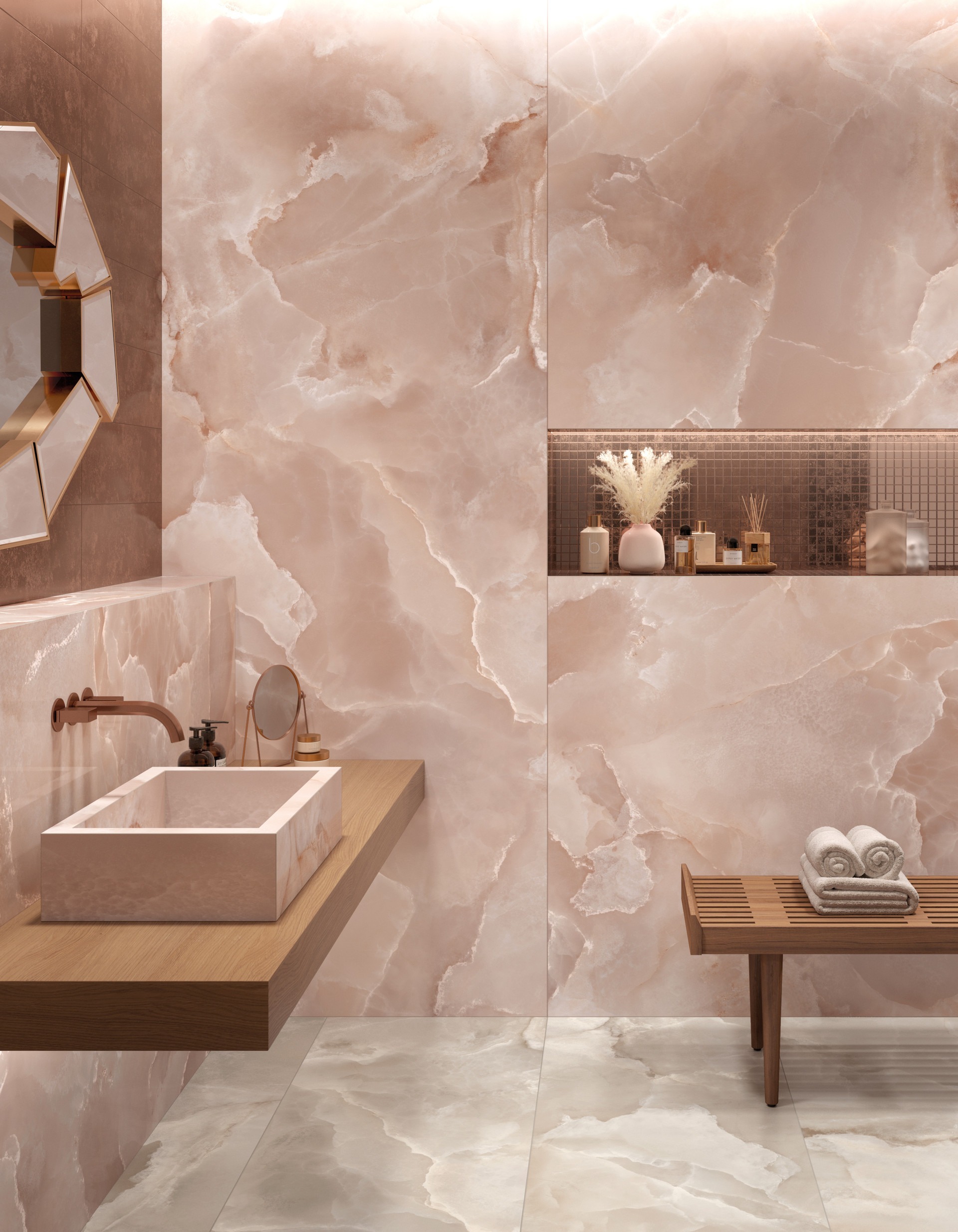 Fartuch kuchenny (Backsplash) ze spieku kwarcowego Mirage Onyce ON04 Rose 120 x 278 cm, grubość 6 mm