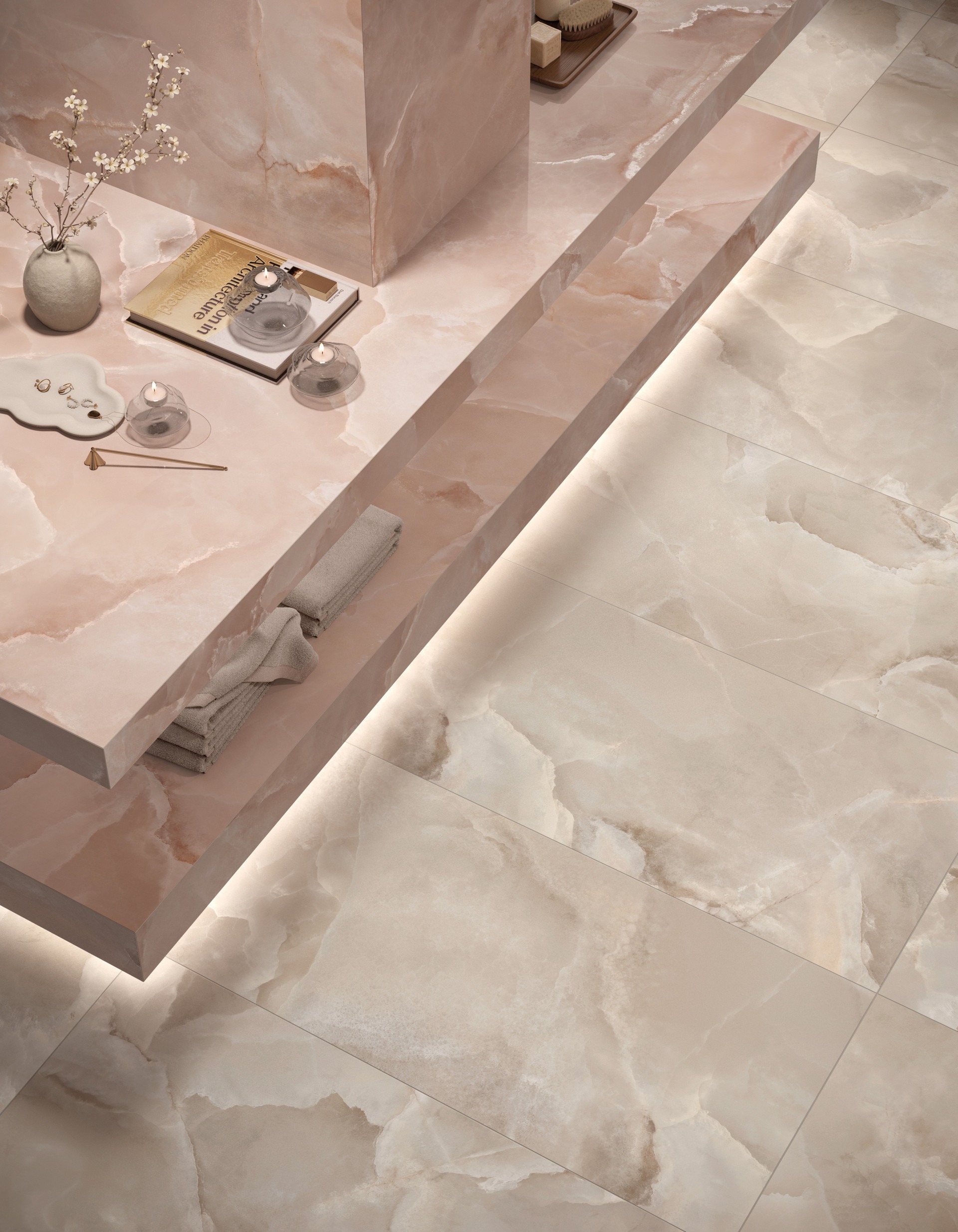 Fartuch kuchenny (Backsplash) ze spieku kwarcowego Mirage Onyce ON04 Rose 120 x 278 cm, grubość 6 mm