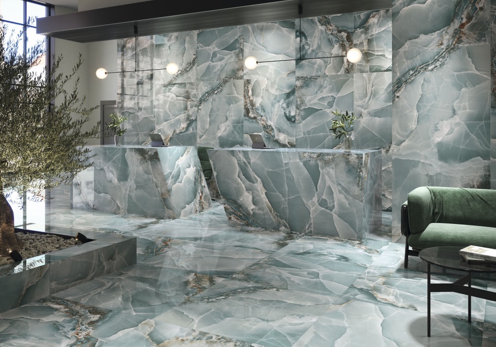 Fartuch kuchenny (Backsplash) ze spieku kwarcowego Baldocer Onyx Turkus 120 x 260 cm, grubość 7 mm