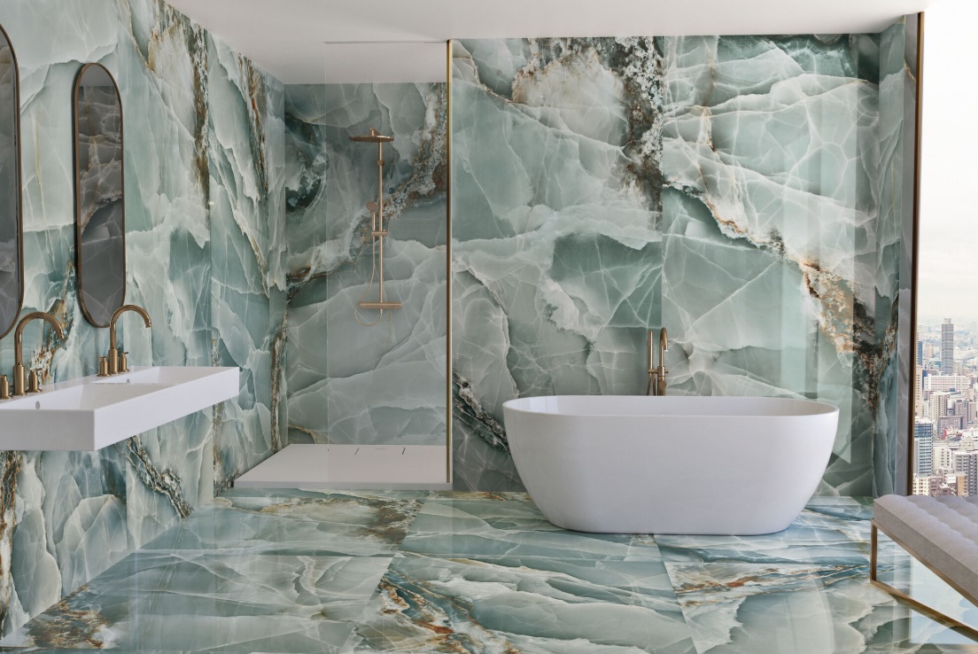 Fartuch kuchenny (Backsplash) ze spieku kwarcowego Baldocer Onyx Turkus 120 x 260 cm, grubość 7 mm