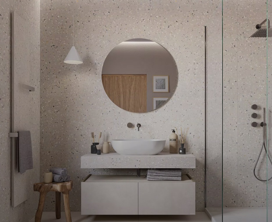 Okładzina ścienna do kuchni (Backsplash) ze spieku kwarcowego Mirage ReConcrete RO04 Artic 120×278 cm, grubość 6 mm