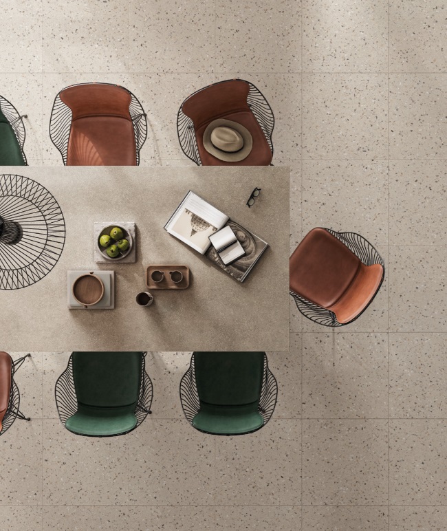 Fartuch kuchenny (Backsplash) ze spieku kwarcowego Mirage ReConcrete RO11 Terrazzo Rice 120×278 cm, grubość 6 mm