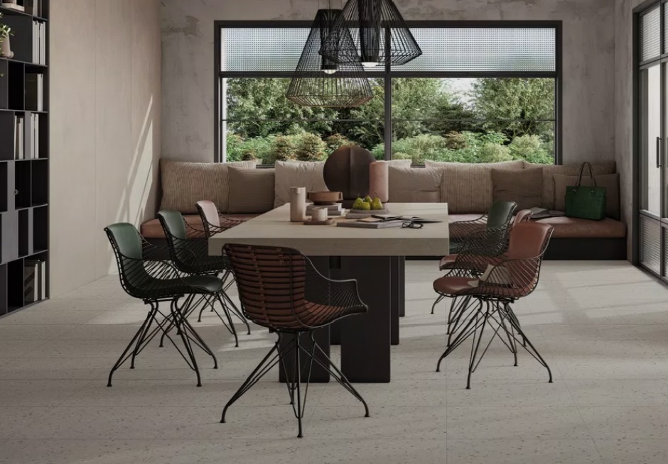 Fartuch kuchenny (Backsplash) ze spieku kwarcowego Mirage ReConcrete RO11 Terrazzo Rice 120×278 cm, grubość 6 mm