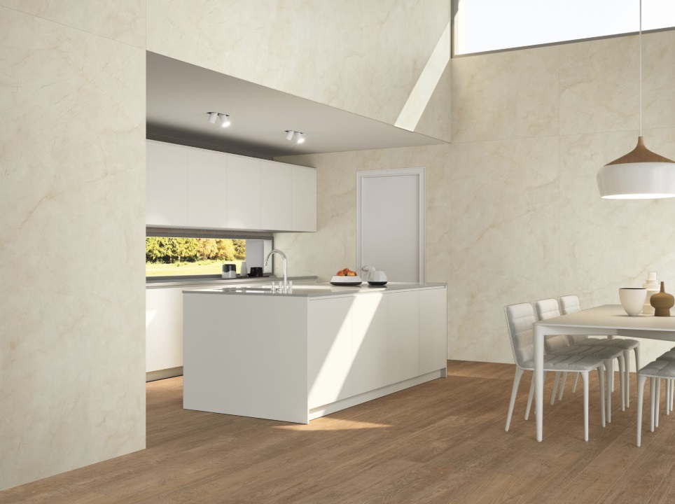 Okładzina ścienna do kuchni (Backsplash) ze spieku kwarcowego Baldocer Cream Chamber 120 x 240 cm, grubość 6 mm lub 7 mm
