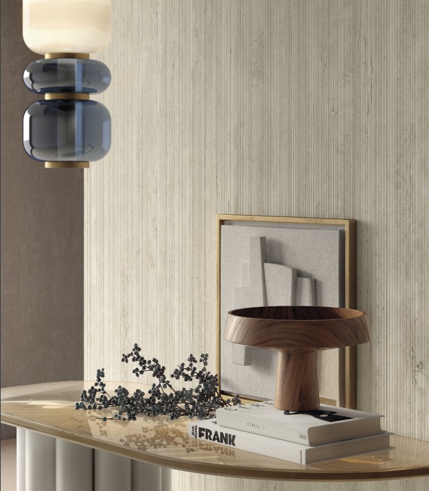 Okładzina ścienna do kuchni (Backsplash) ze spieku kwarcowego Mirage Elysian EY07 Line Travertino Light 120 x 278 cm, grubość 6 mm