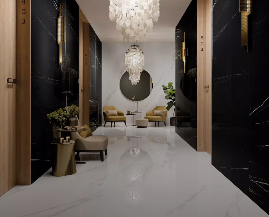 Fartuch kuchenny (Backsplash) ze spieku kwarcowego Mirage Jewels JW01 Bianco Statuario 120 x 278 cm, grubość 6 mm