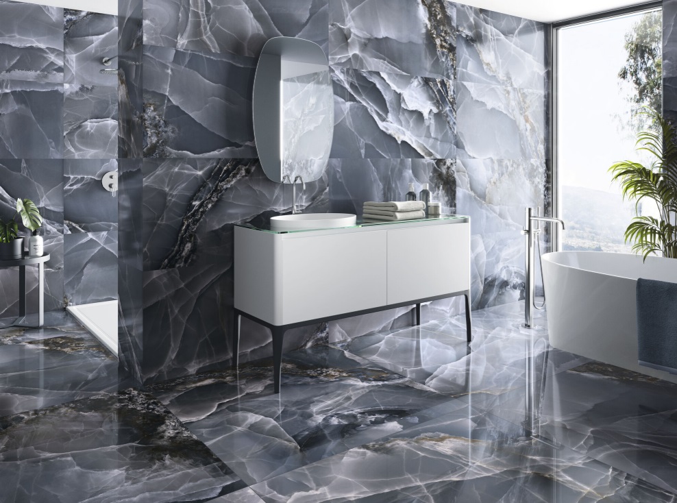 Okładzina ścienna do kuchni (Backsplash) ze spieku kwarcowego Baldocer Onyx Bleu 120 x 260 cm, grubość 7 mm