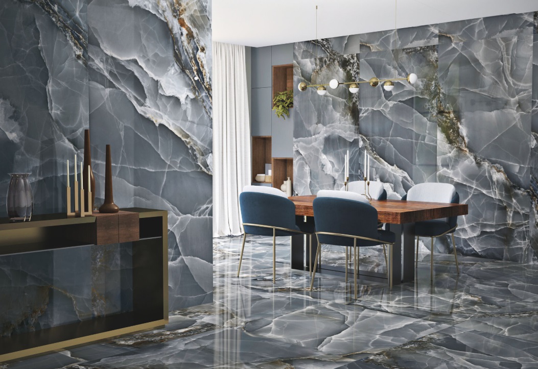 Okładzina ścienna do kuchni (Backsplash) ze spieku kwarcowego Baldocer Onyx Bleu 120 x 260 cm, grubość 7 mm