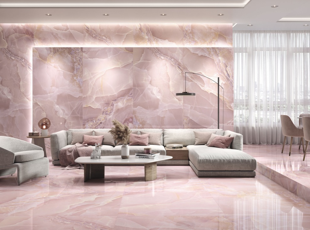 Fartuch kuchenny (Backsplash) ze spieku kwarcowego Baldocer Onyx Rose 120 x 260 cm, grubość 7 mm