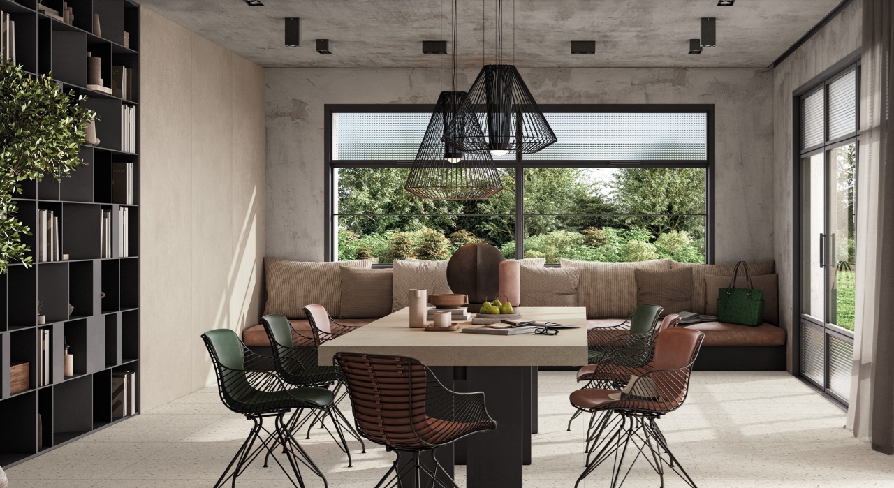 Okładzina ścienna do kuchni (Backsplash) ze spieku kwarcowego Mirage ReConcrete Rice 120 x 278 cm, grubość 6 mm