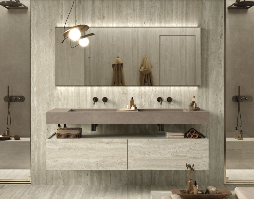 Fartuch kuchenny (Backsplash) ze spieku kwarcowego Mirage Elysian Travertino Light 120 x 278 cm, grubość 6 mm