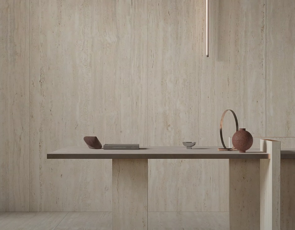 Fartuch kuchenny (Backsplash) ze spieku kwarcowego Mirage Elysian Travertino Light 120 x 278 cm, grubość 6 mm