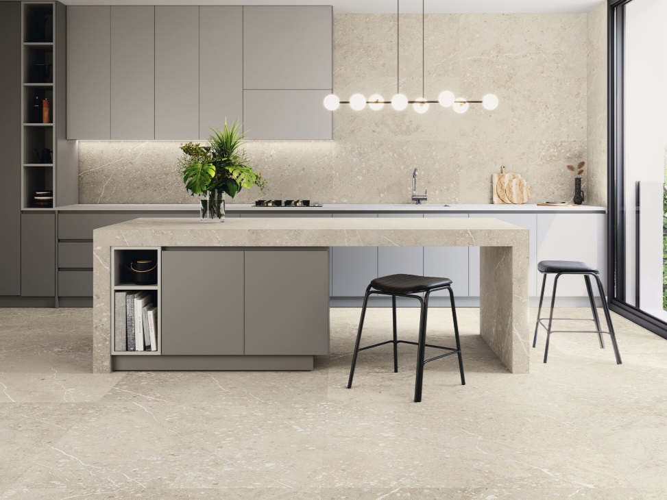 Fartuch kuchenny (Backsplash) ze spieku kwarcowego Baldocer Volcano Avorio 120 x 260 cm, grubość 6 mm