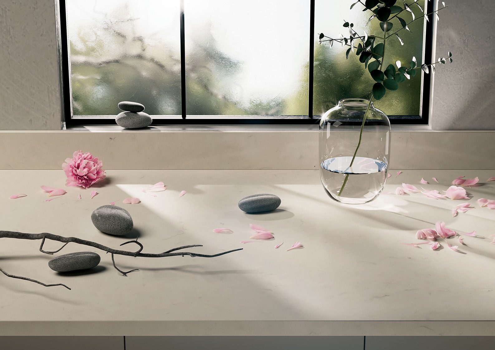 Blat kuchenny z konglomeratu wykonany na wymiar, biały – Caesarstone Riverlet – szlifowany