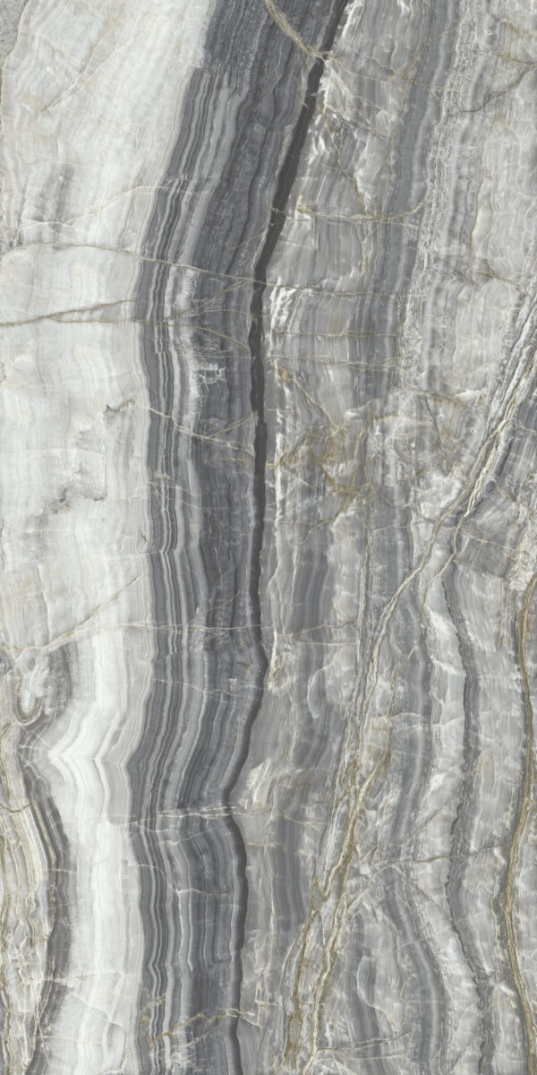 Wielkoformatowy spiek kwarcowy o wymiarach 320 x 160 cm, Franko Onyx Tigrino, przeznaczony na blat i okładzinę
